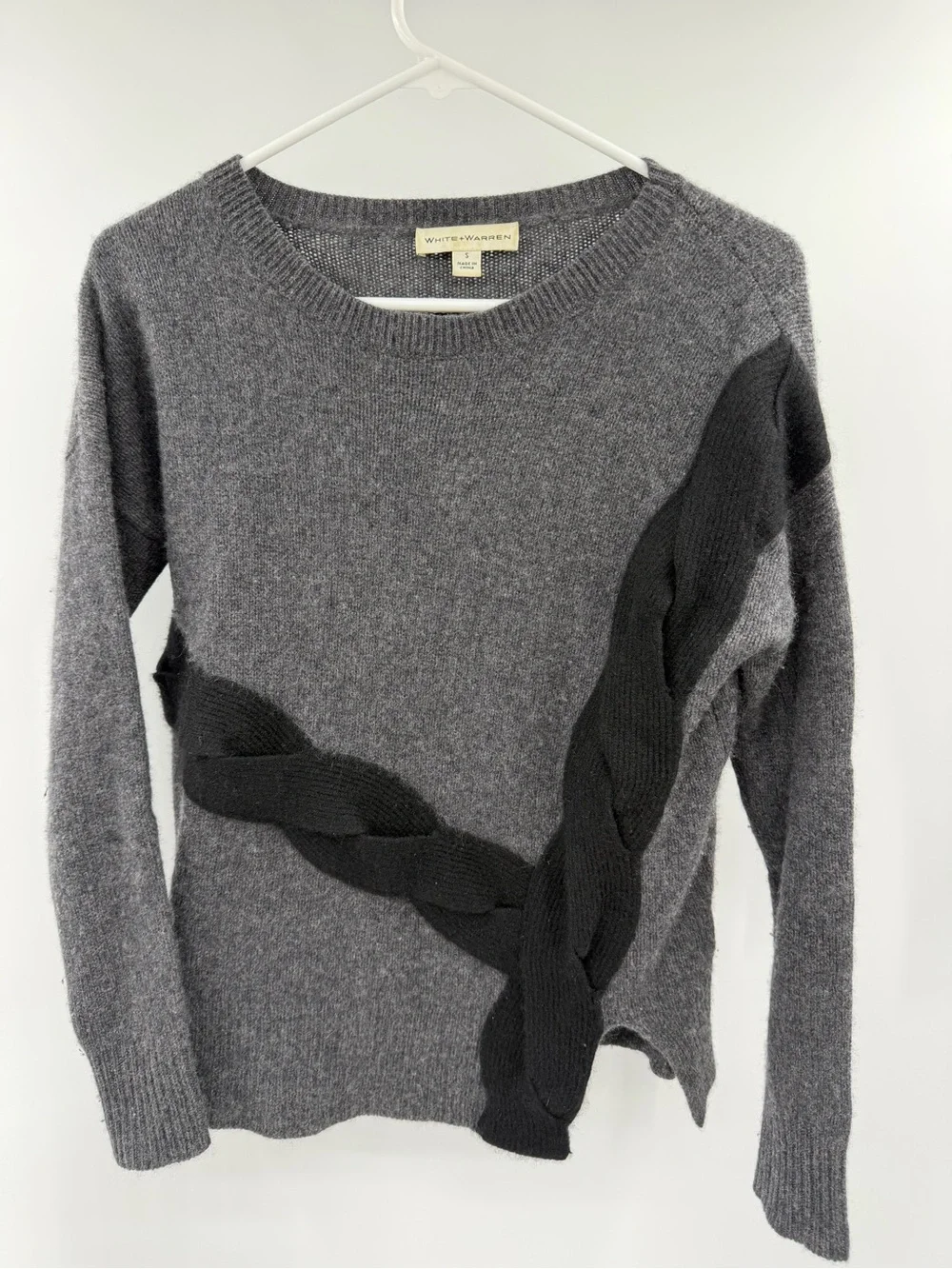 White + Warren 100% Cashmere Gray Black Braided Detail Sweater Size Small